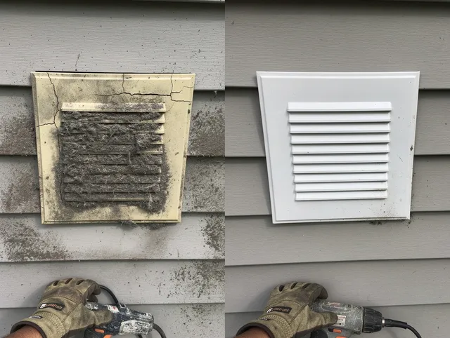 New London Dryer Vent Cleaning technician installing high-quality dryer vent cover at a residential property in New London