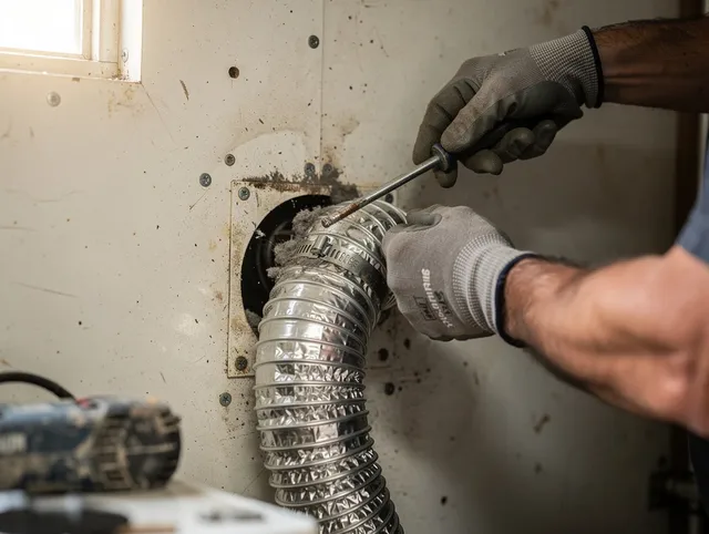 New London Dryer Vent Cleaning technician performing precise dryer vent hose installation in New London